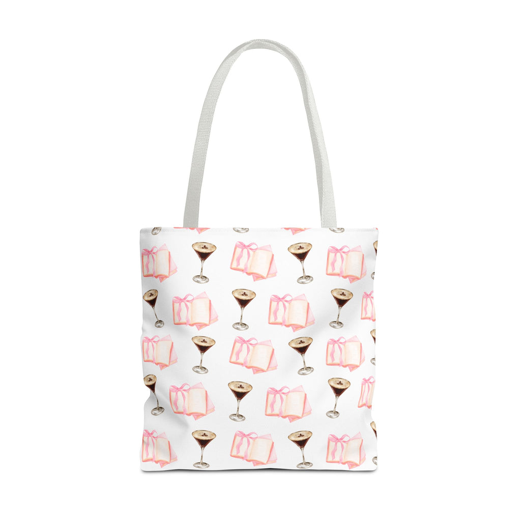 Tote bag with book and glass pattern on a white background