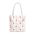 Tote bag with book and glass pattern on a white background