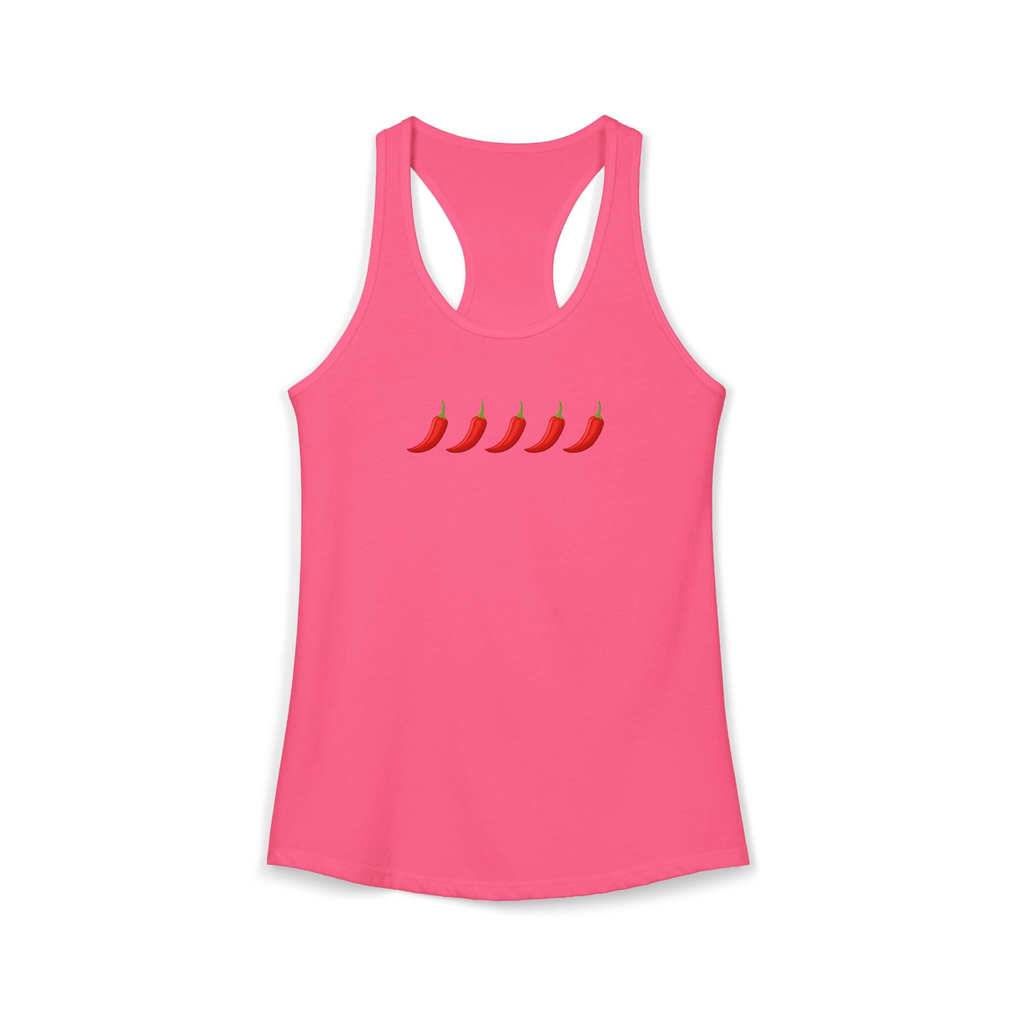 Pink tank top with red chili pepper design on a white background