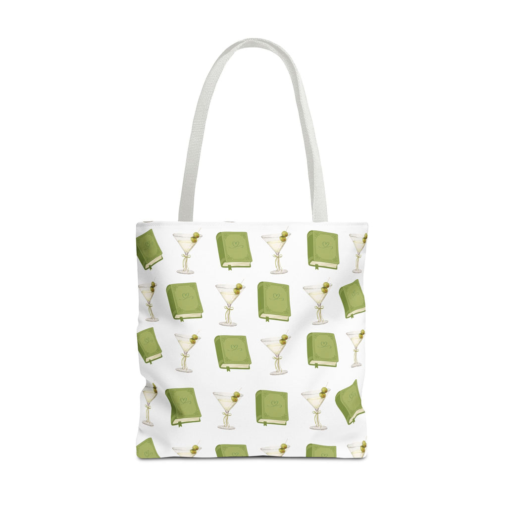Tote bag with green book and martini glass pattern on a white background