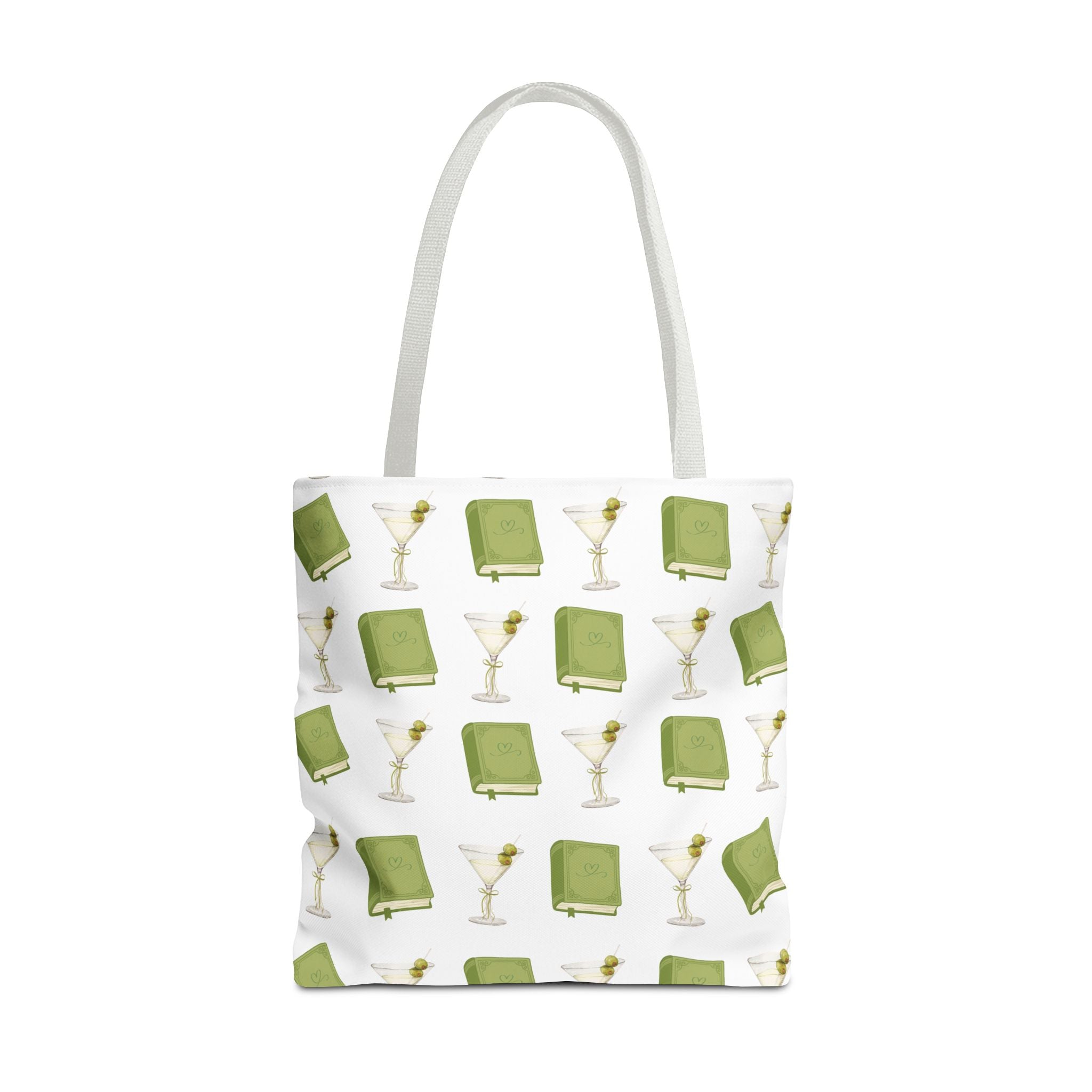 Tote bag with green book and martini glass pattern on a white background