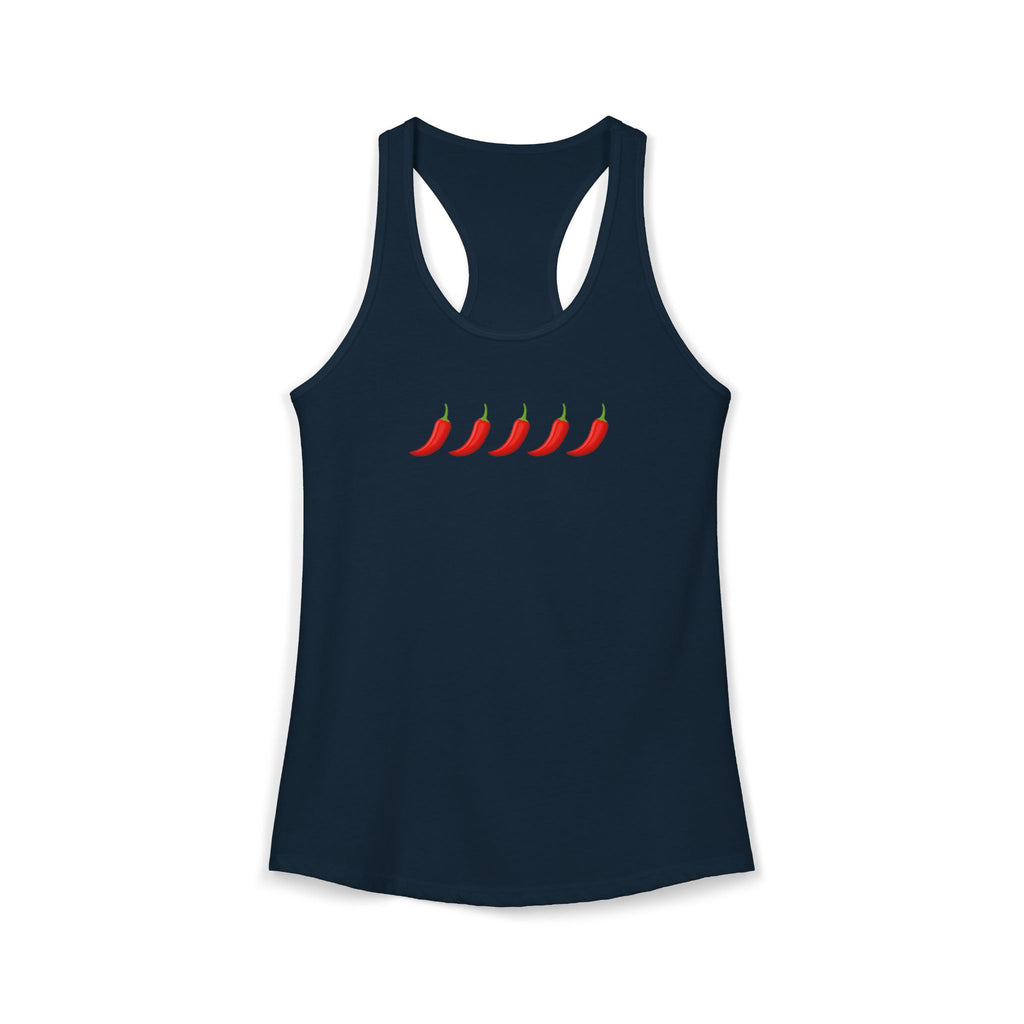 Navy tank top with red chili pepper design on a white background