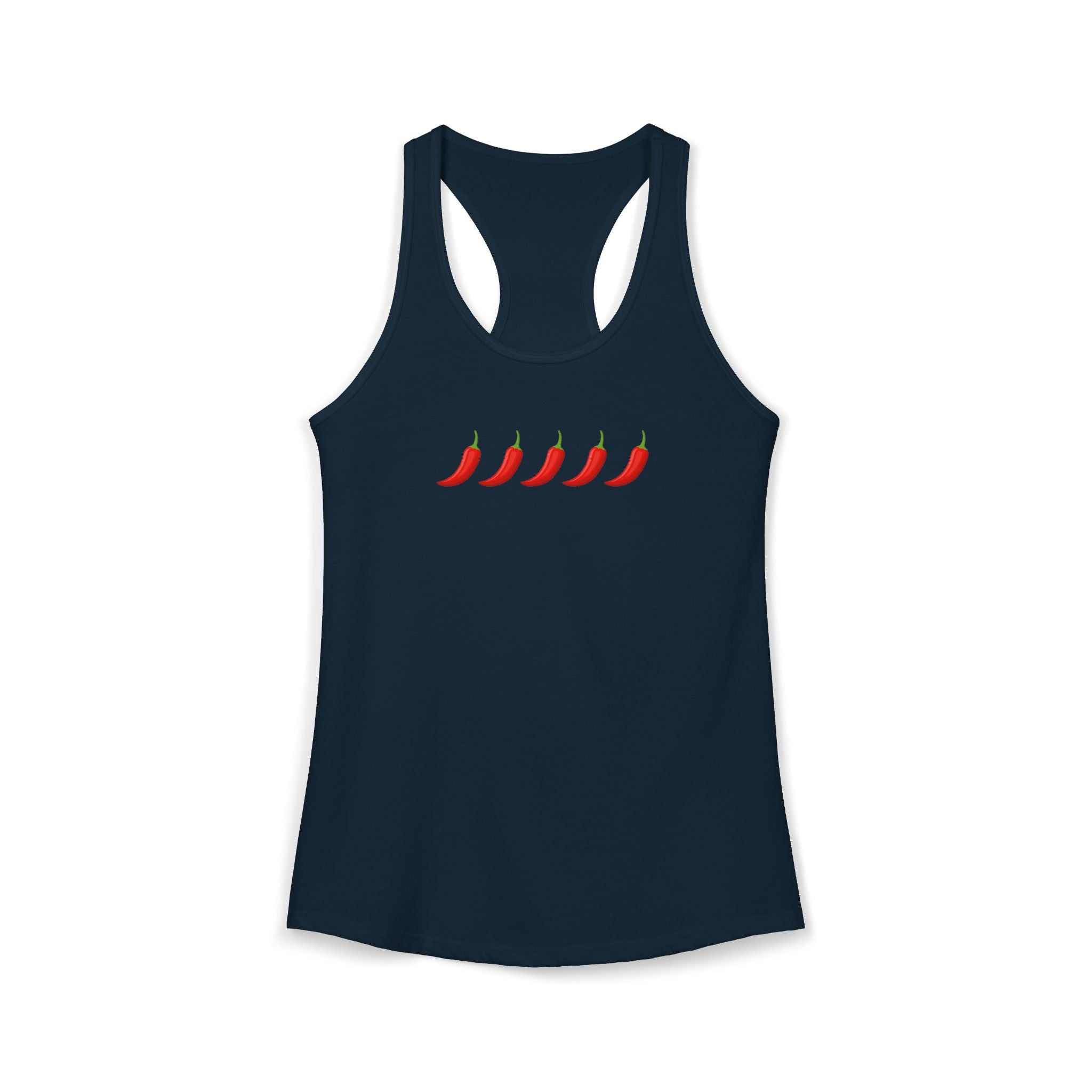 Navy tank top with red chili pepper design on a white background