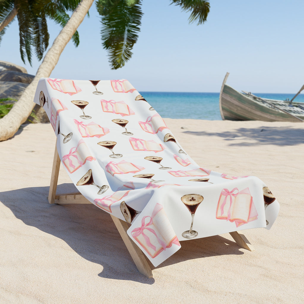 Espresso Martini & Books Beach Towel — Cocktail and Reading Pattern