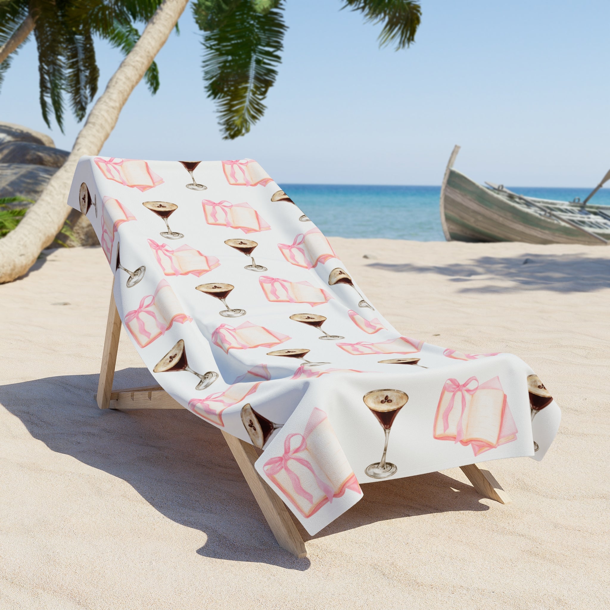Espresso Martini & Books Beach Towel — Cocktail and Reading Pattern