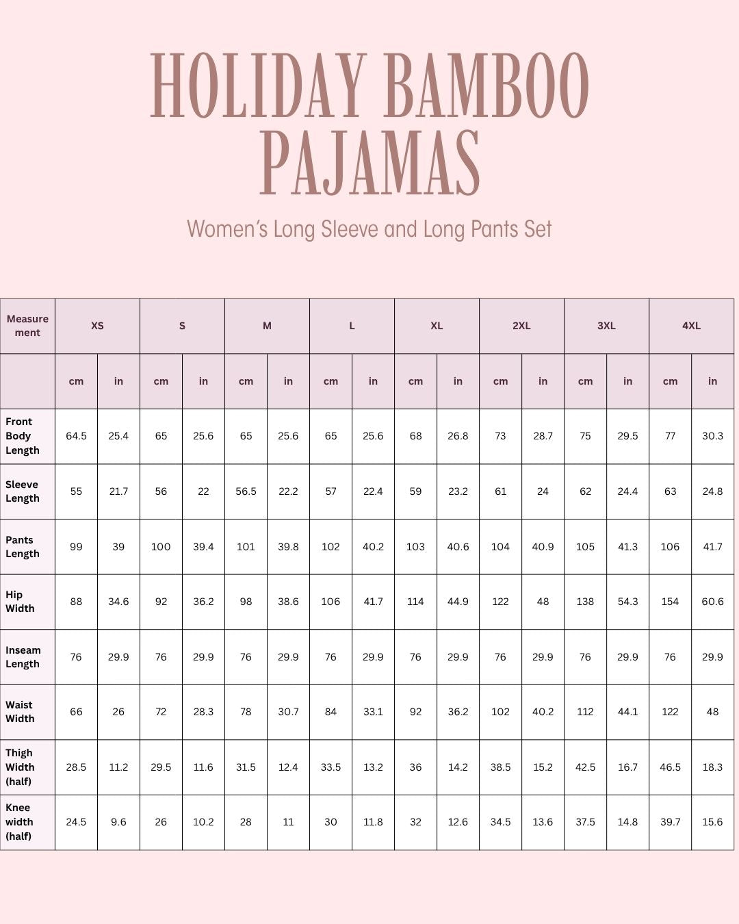 A size chart table for Holiday Bamboo Pajamas, a women's long sleeve and long pants set, showing measurements in centimeters and inches for sizes XS through 4XL on a pale pink background.