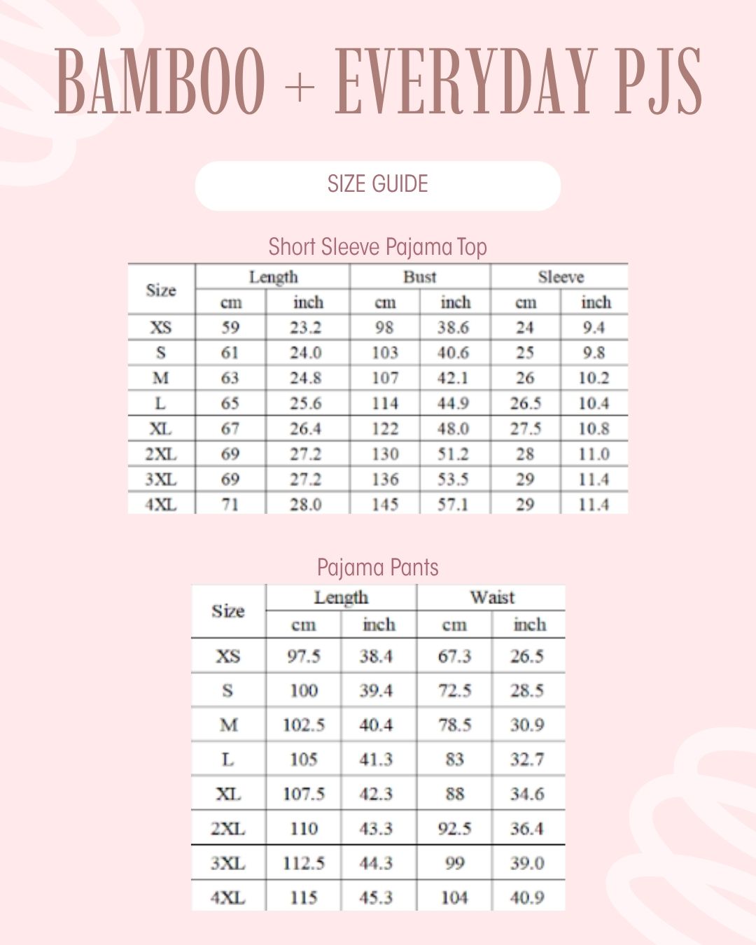 Size guide chart for bamboo + everyday pjs, showing size tables for short sleeve pajama top and pajama pants on a light pink background.