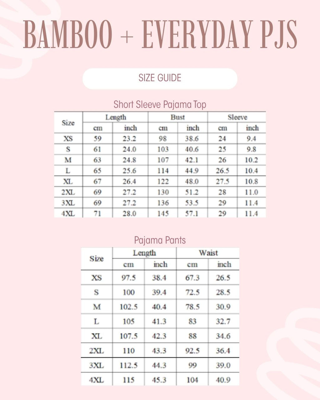 Size guide chart for bamboo + everyday pjs, showing size tables for short sleeve pajama top and pajama pants on a light pink background.
