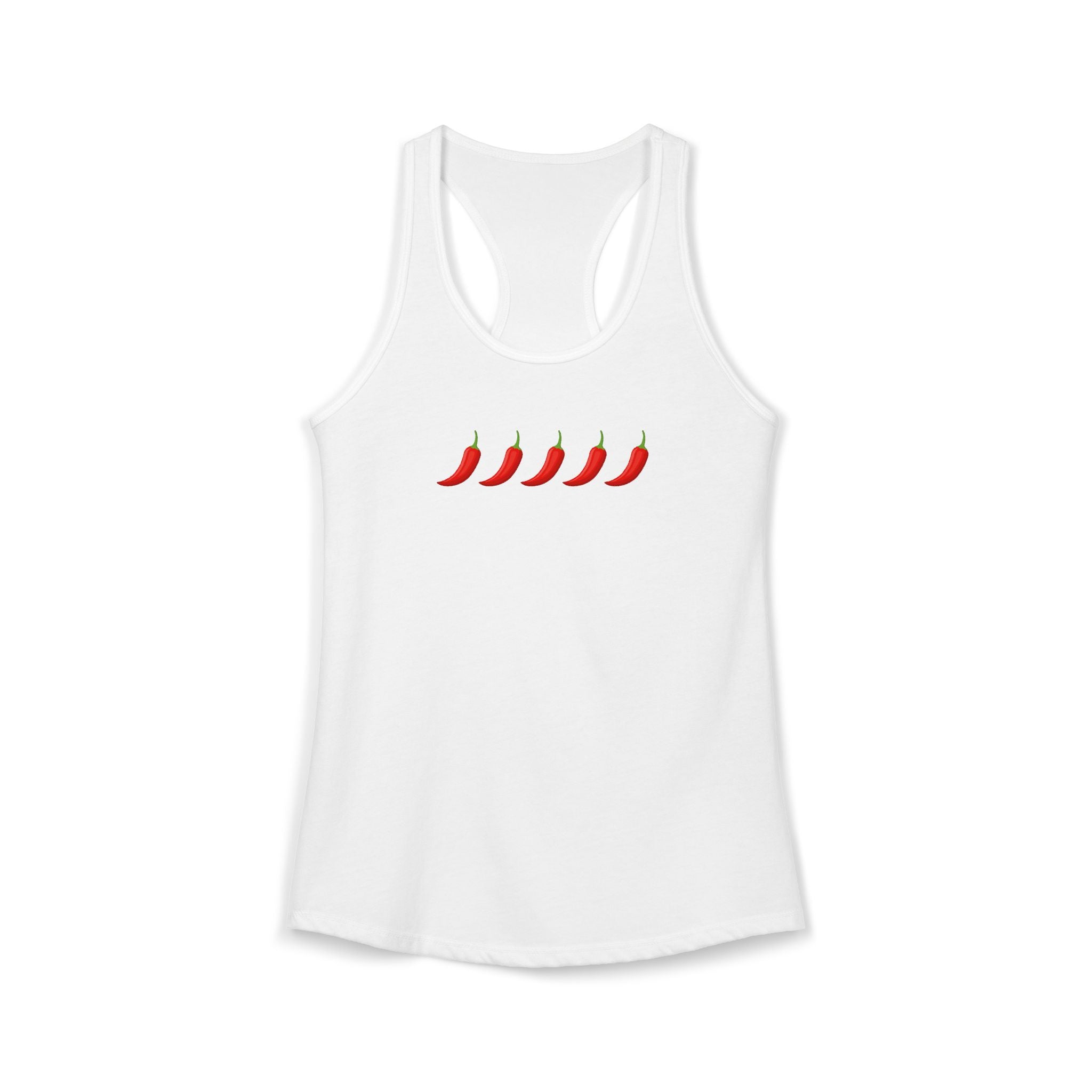 White tank top with red chili pepper design on a white background
