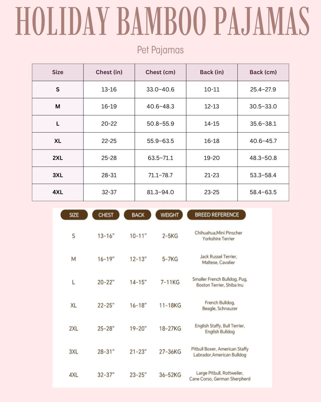 A size and breed-reference chart for Holiday Bamboo Pajamas Pet Pajamas, showing a size table from S to 4XL with chest, back, and weight measurements, plus a breed reference table below on a pale pink background.
