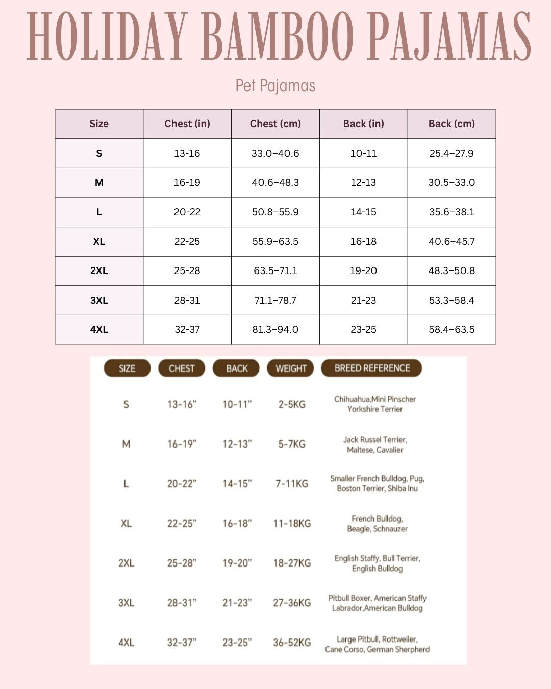 A size and breed-reference chart for Holiday Bamboo Pajamas Pet Pajamas, showing a size table from S to 4XL with chest, back, and weight measurements, plus a breed reference table below on a pale pink background.