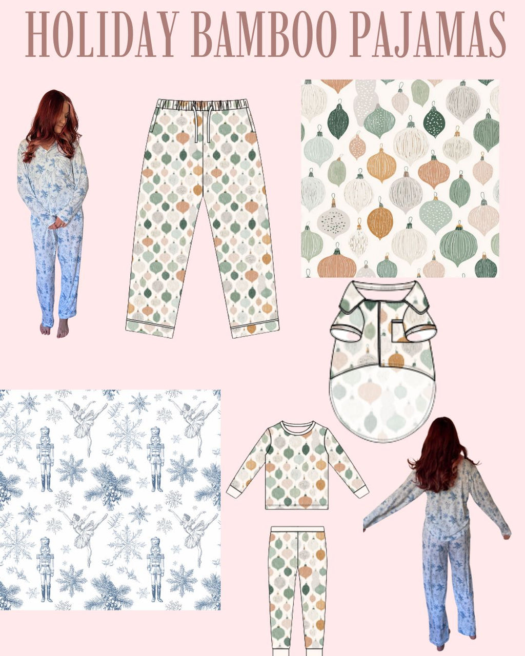 Holiday bamboo pajamas collection on a light pink background, featuring two sets of matching pajamas with festive patterns, two fabric pattern swatches, and a baby bib. The top left shows a woman modeling the blue and white patterned pajama set, and the top right shows a woman modeling the green and beige patterned pajama set.