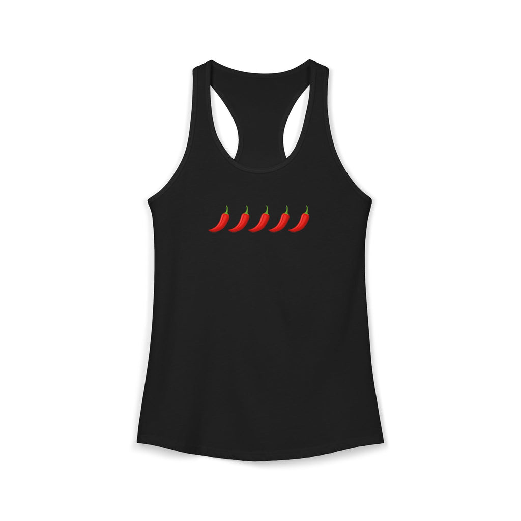 Black tank top with red chili pepper design on a white background