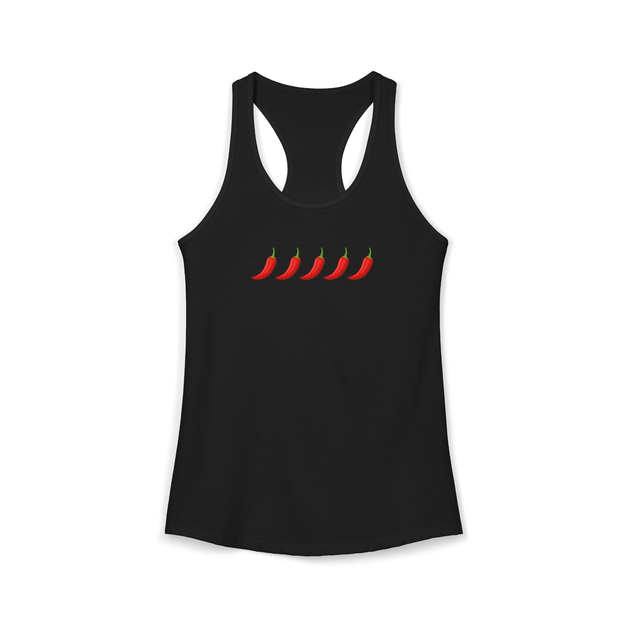 Black tank top with red chili pepper design on a white background