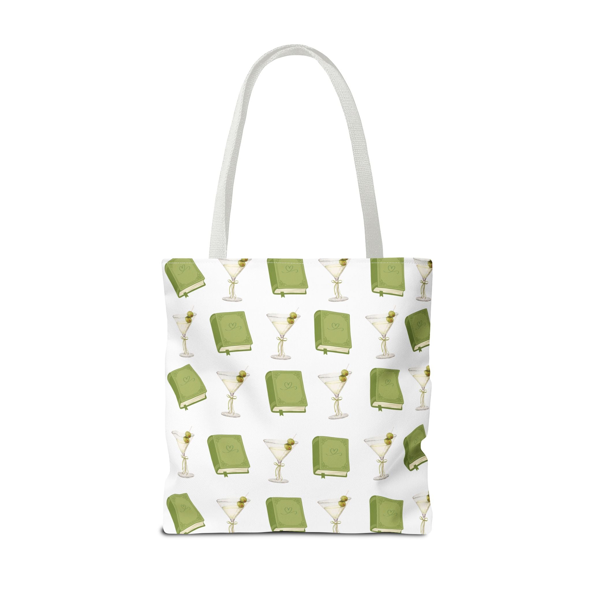 Tote bag with green book and glass pattern on a white background