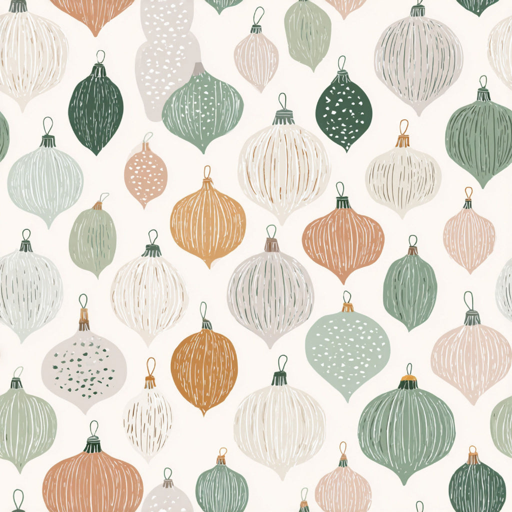 A repeating Christmas ornament pattern on a warm off-white background, featuring hand-drawn ornaments in muted sage green, cream, blush pink, and warm tan.