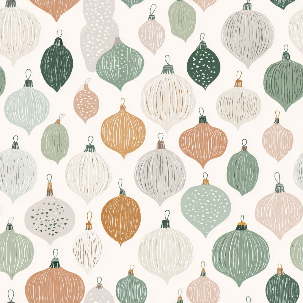A repeating Christmas ornament pattern on a warm off-white background, featuring hand-drawn ornaments in muted sage green, cream, blush pink, and warm tan.