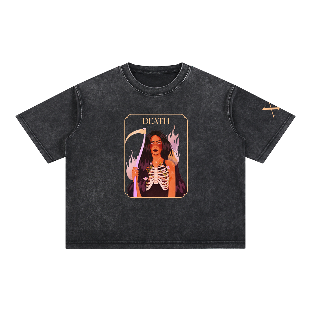tarot,ladydeath,deathtarot,storylinesbysav,brittanykeller,brittanykellerart,bookishmerch,giftsforreaders,tarotshirt,witchyshirt