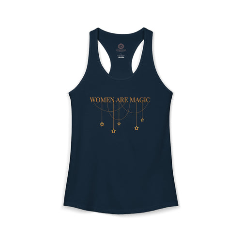Navy tank top with text and logo on a white background