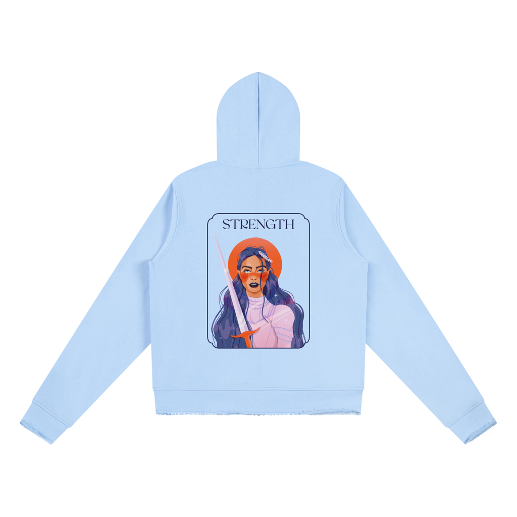 A light blue hooded sweatshirt shown from the back, featuring a large graphic print of a tarot card labeled 'STRENGTH' with a stylized woman holding a sword.