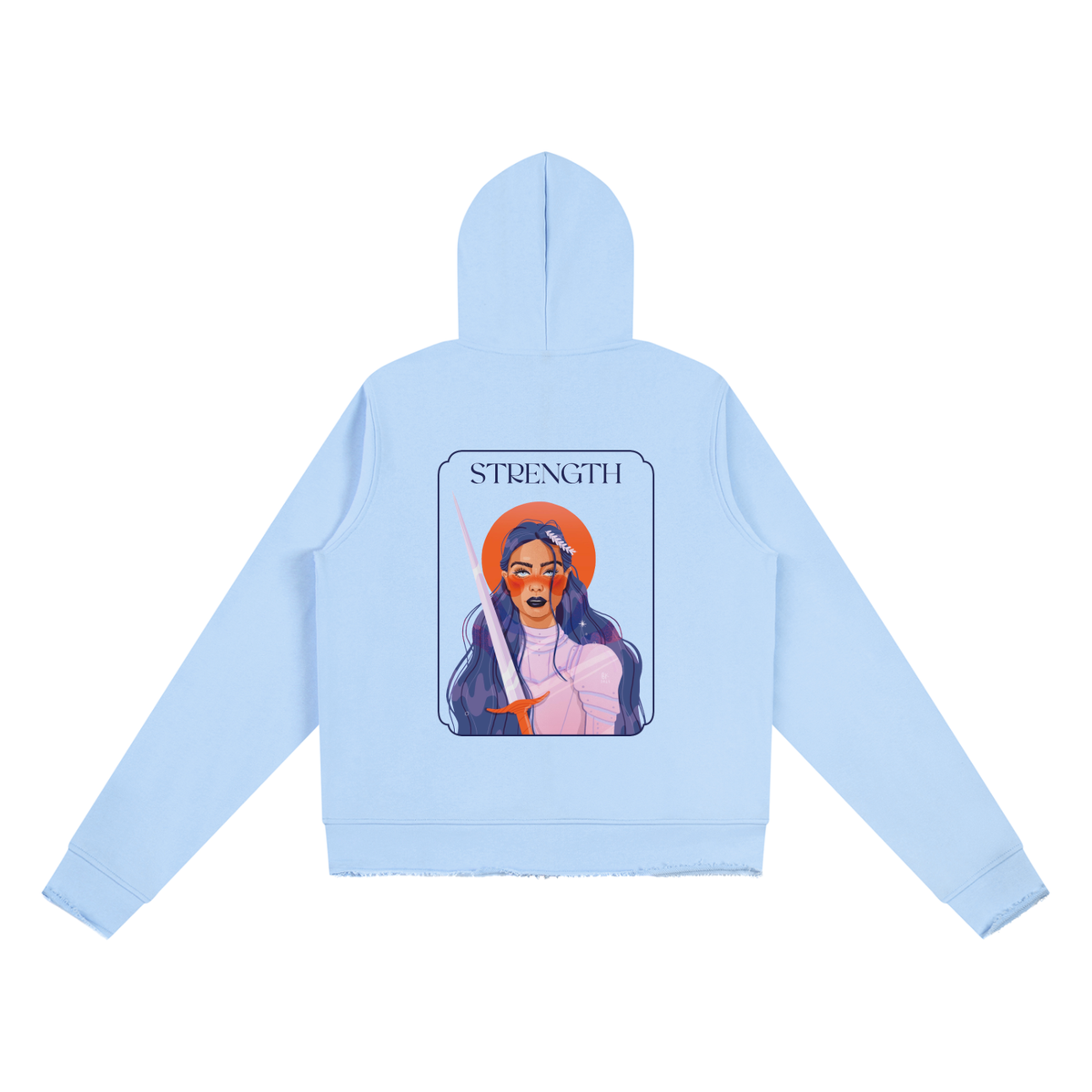 A light blue hooded sweatshirt shown from the back, featuring a large graphic print of a tarot card labeled 'STRENGTH' with a stylized woman holding a sword.