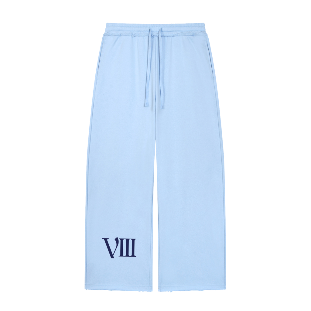 Light blue wide-leg sweatpants with a navy blue Roman numeral 'VIII' printed on the lower left leg, shown against a plain white background.
