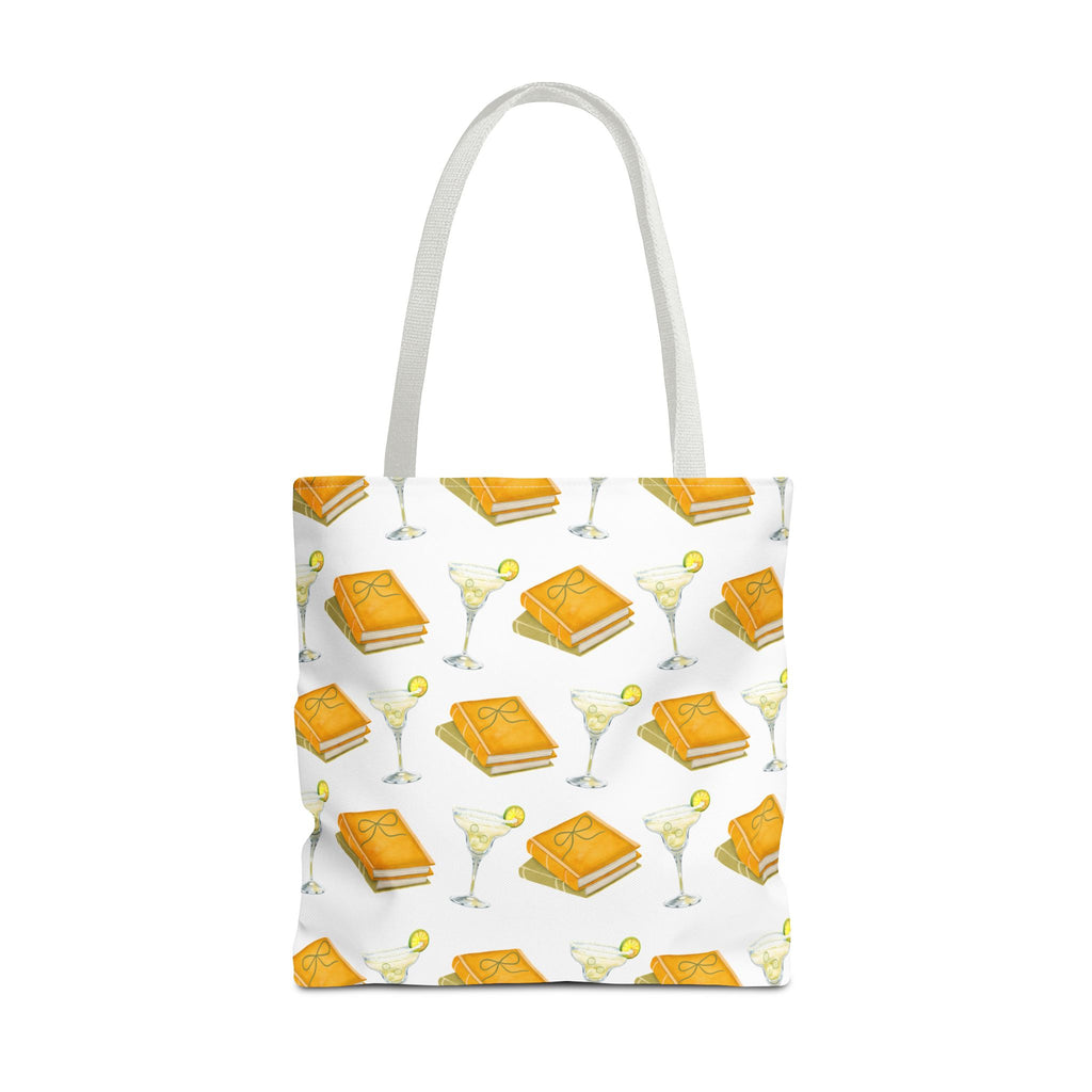 Tote bag with a pattern of books  and glasses on a white background