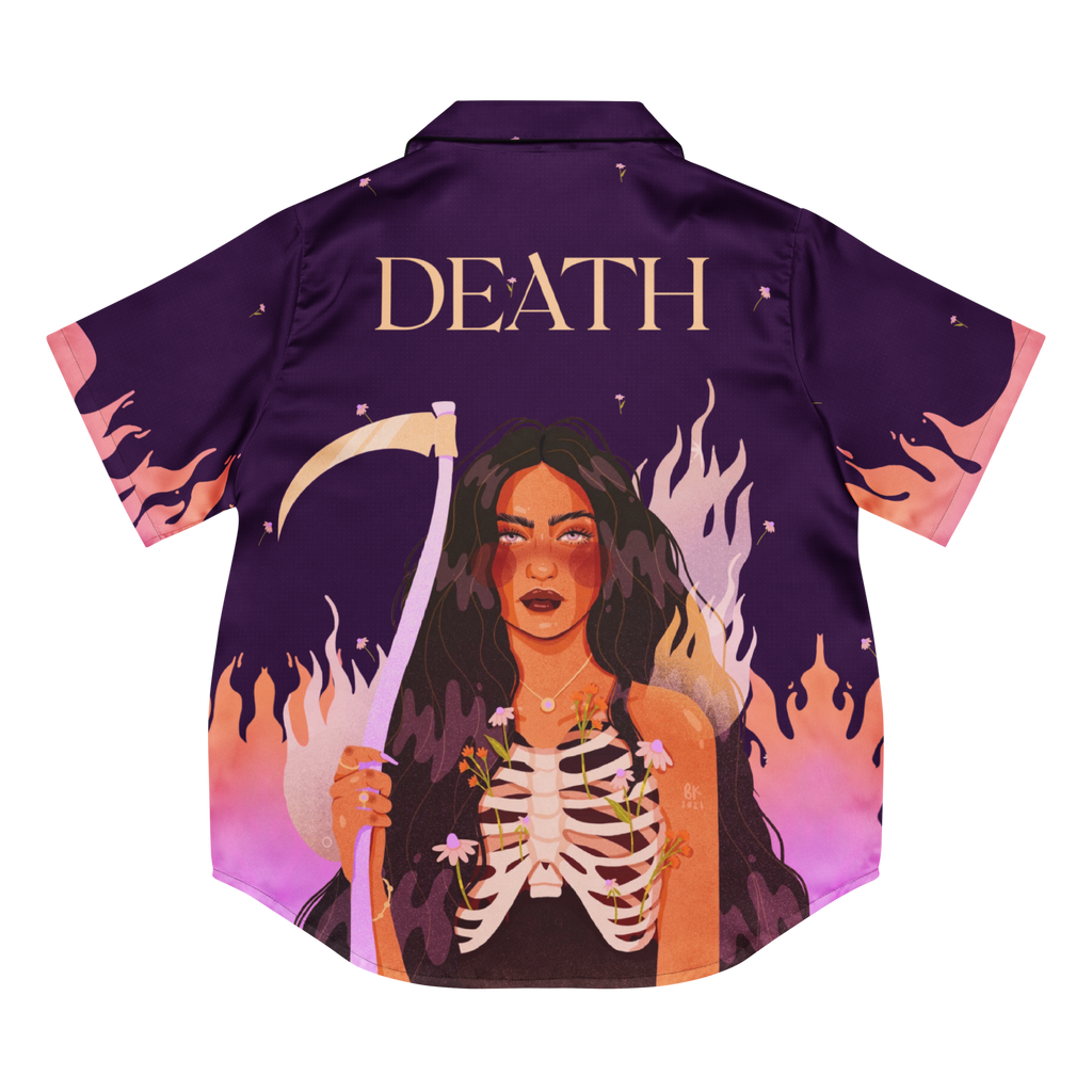 A purple short-sleeve button-up shirt shown flat against a white background, featuring a graphic print of a woman with a scythe and a skeleton on the back, with the word 'DEATH' printed in gold at the top.