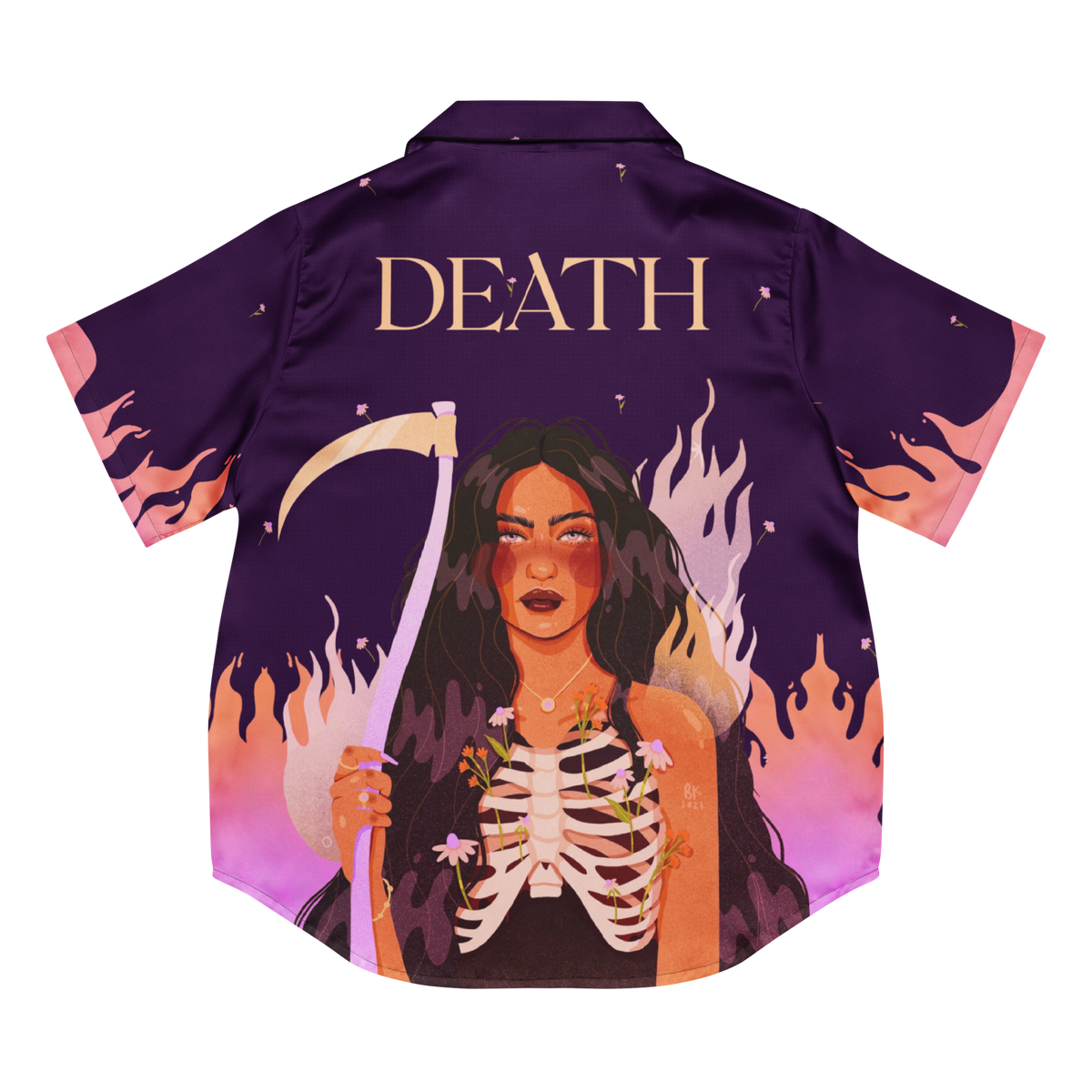 A purple short-sleeve button-up shirt shown flat against a white background, featuring a graphic print of a woman with a scythe and a skeleton on the back, with the word 'DEATH' printed in gold at the top.