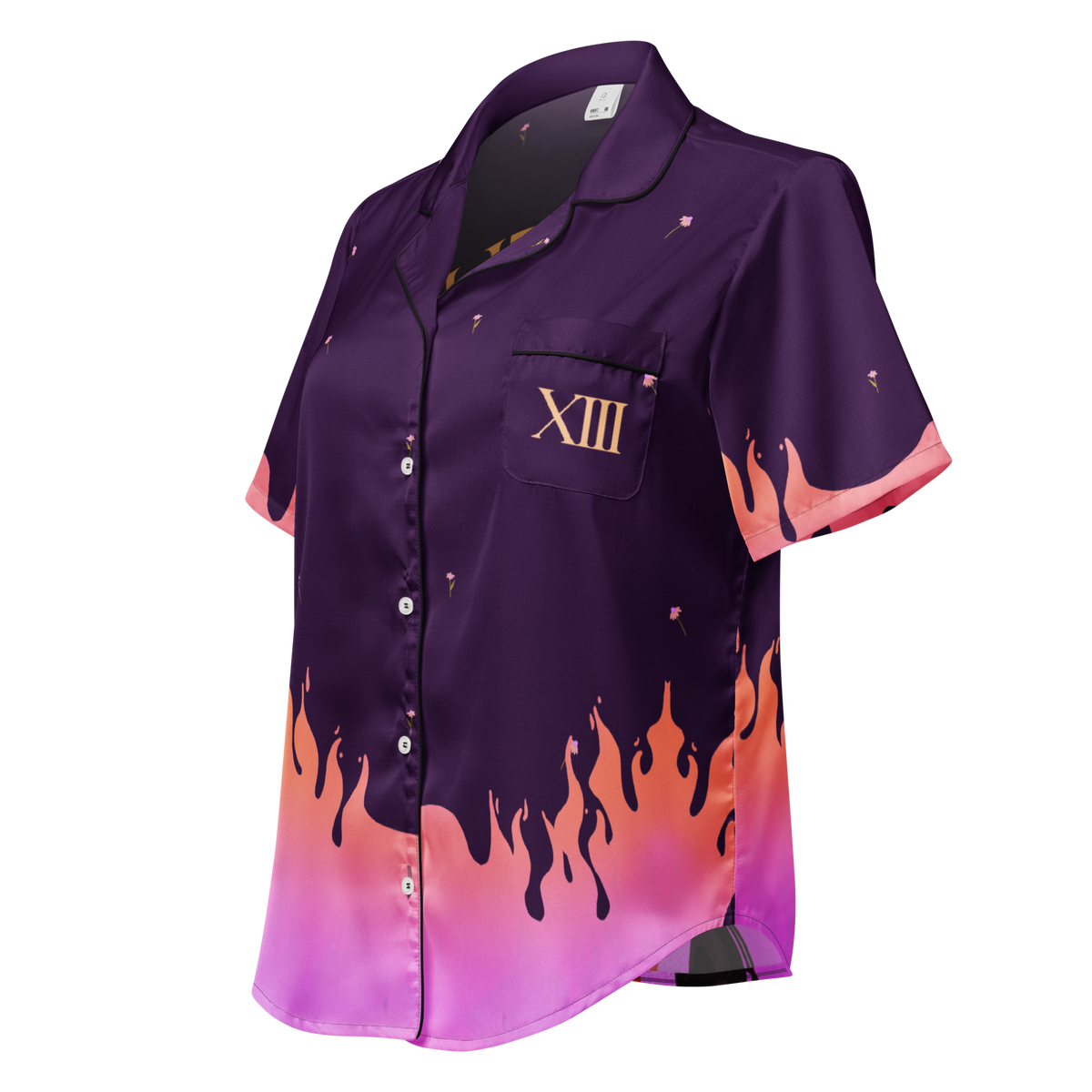 A short-sleeve button-up pajama shirt in deep purple with a dripping flame pattern in pink, orange, and black, featuring a chest pocket with 'XIII' printed in gold.