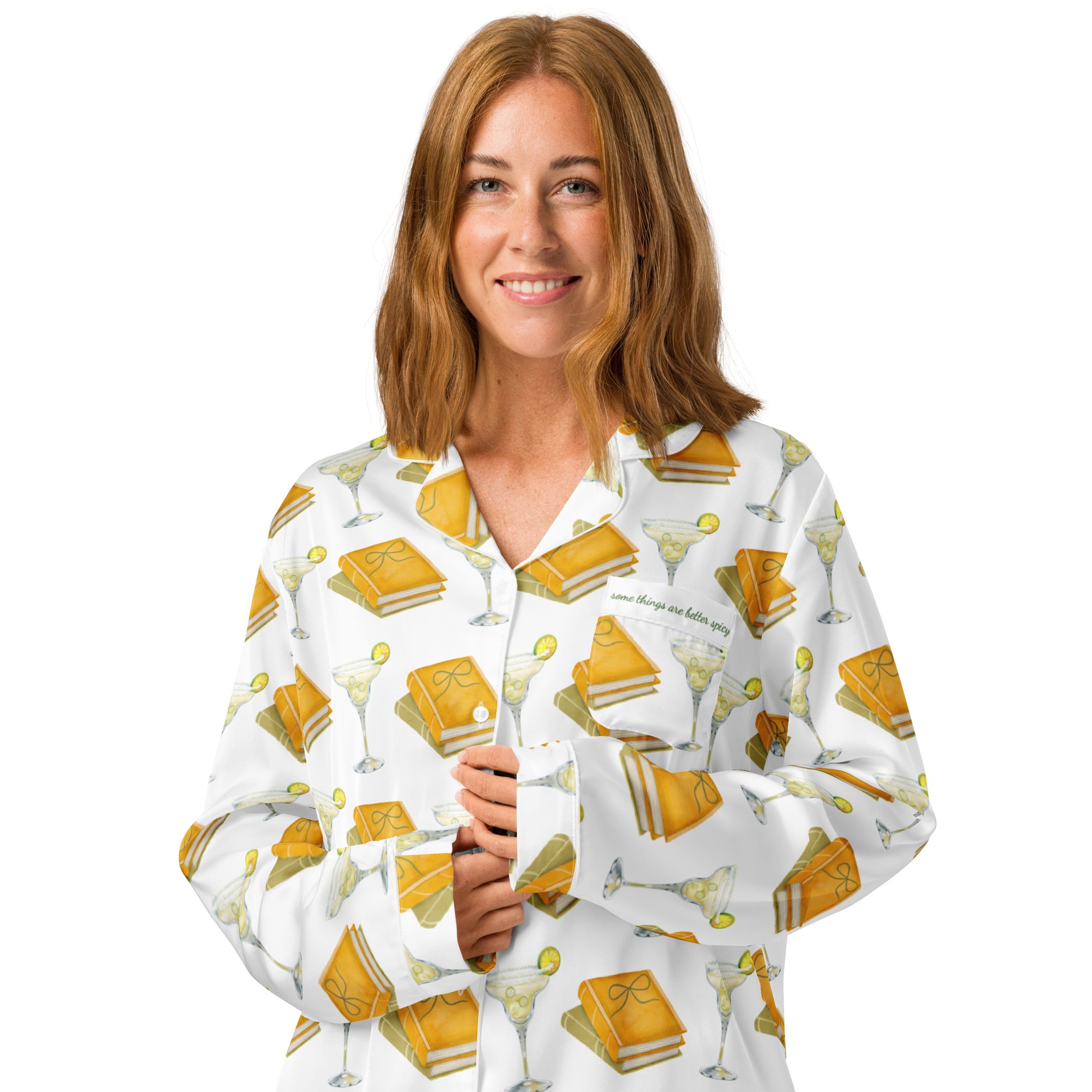 woman wearing long sleeve pajama top with spicy margaritas and books on it. Pocket says "Some things are better spicy" . Product mock-up image