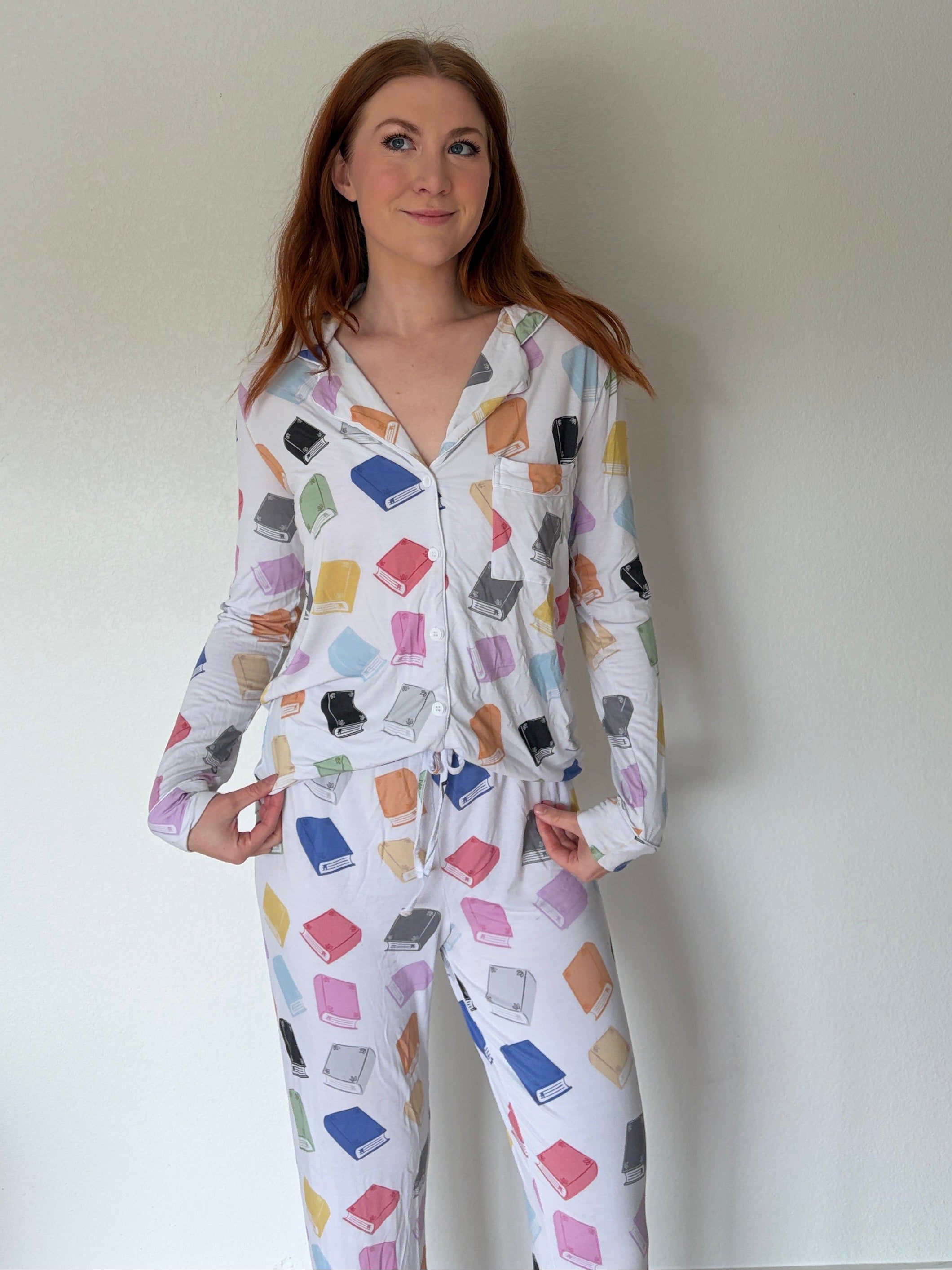 women wearing long sleeve book pajamas