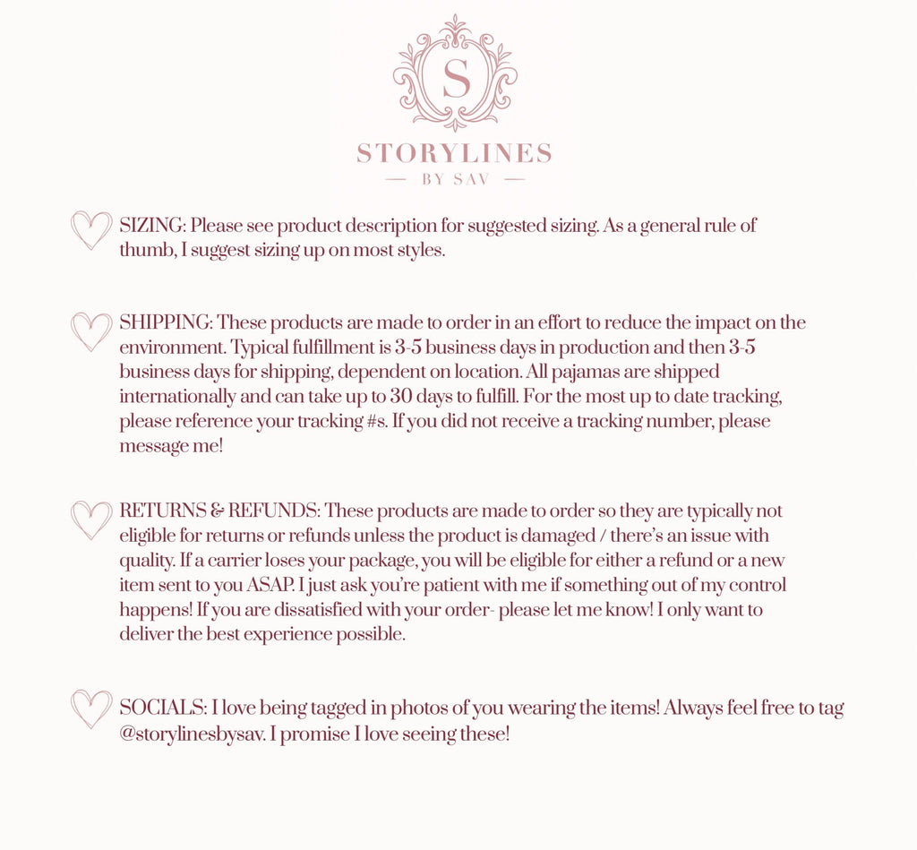 A text-based informational graphic for Storylines by SAS, featuring the brand logo at the top and six paragraphs of shipping, sizing, returns, and social media information on a white background with soft pink text and bullet points.