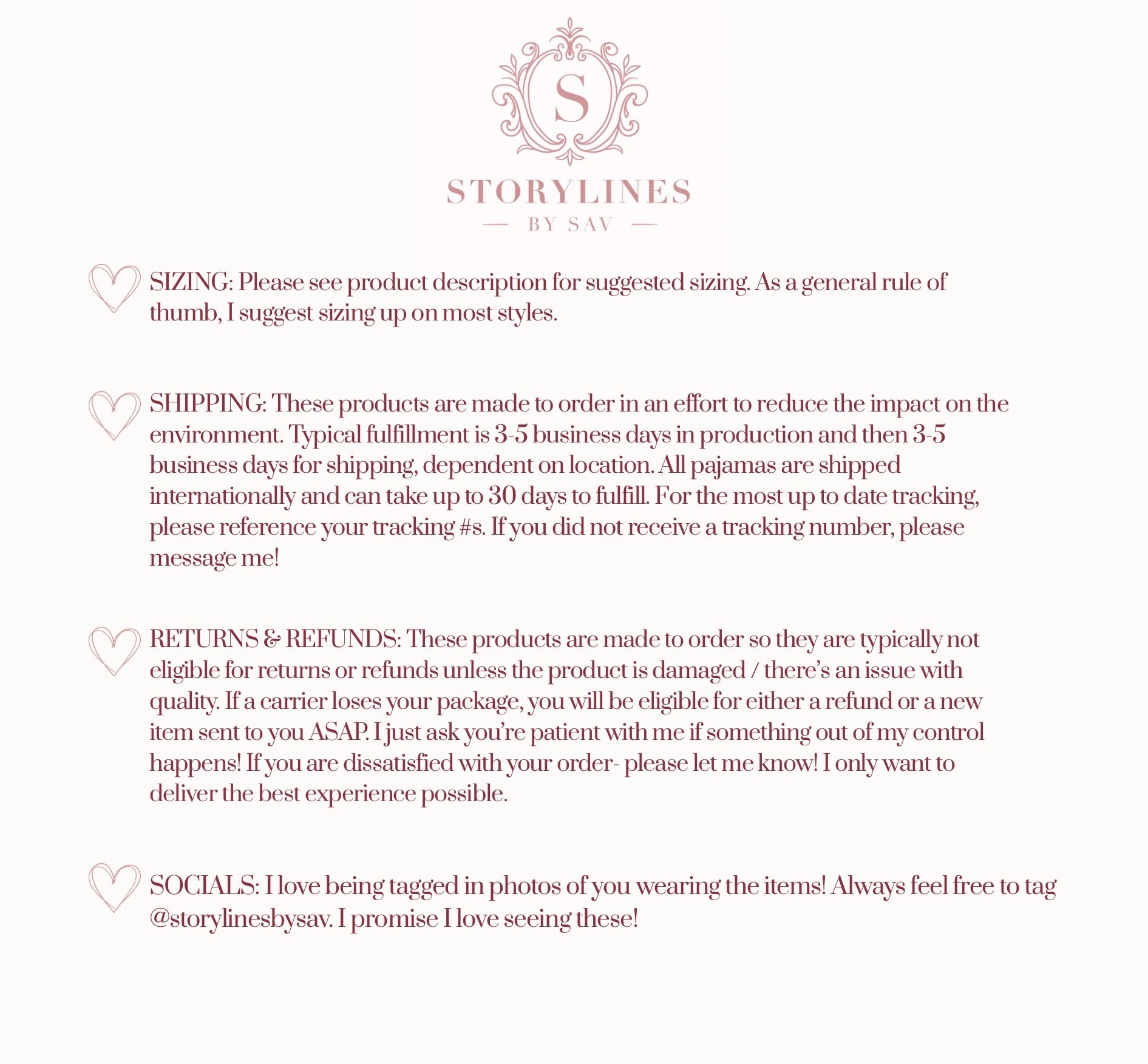 A text-based informational graphic for Storylines by SAS, featuring the brand logo at the top and six paragraphs of shipping, sizing, returns, and social media information on a white background with soft pink text and bullet points.