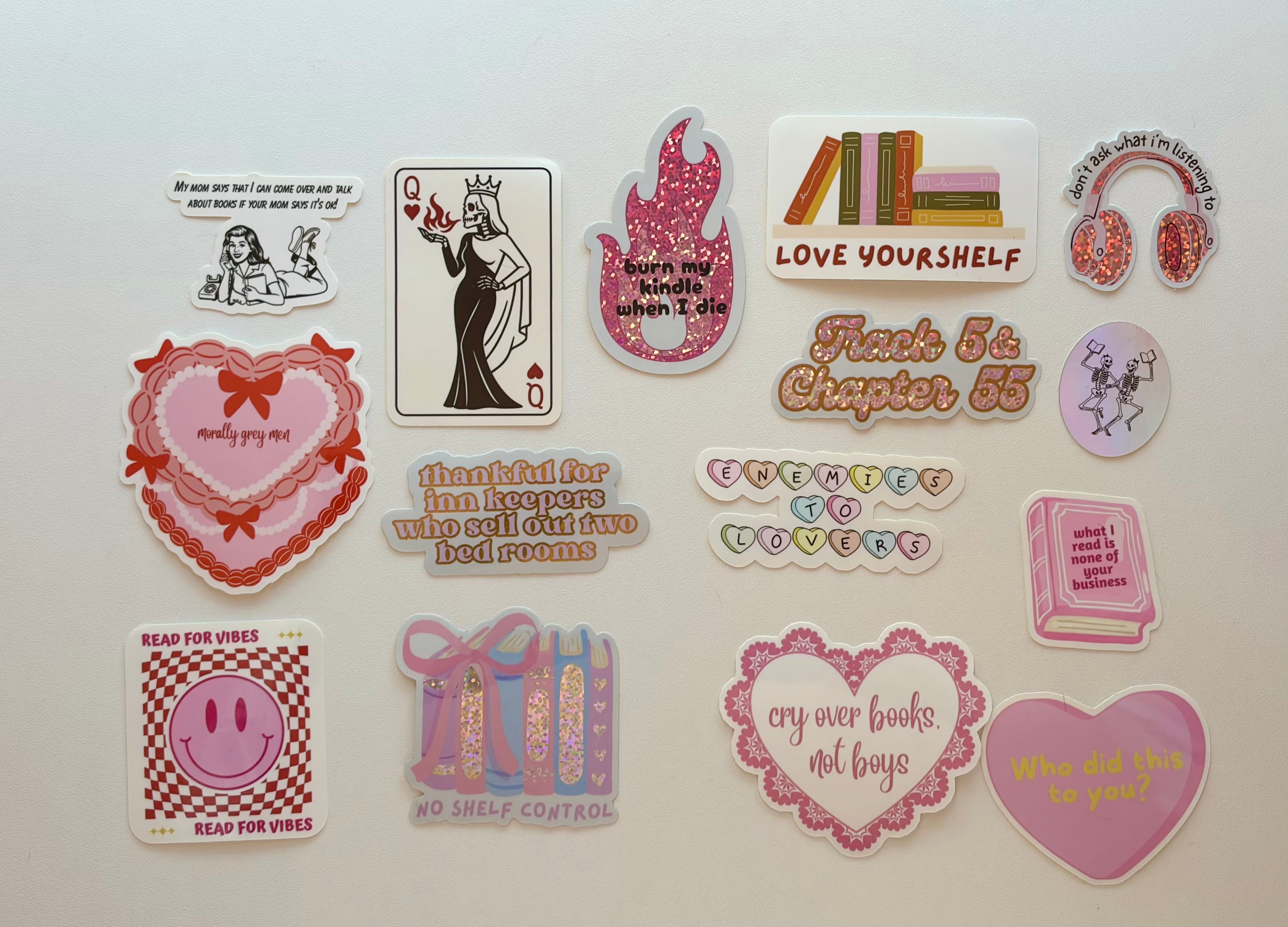 Collection of various stickers on a light background