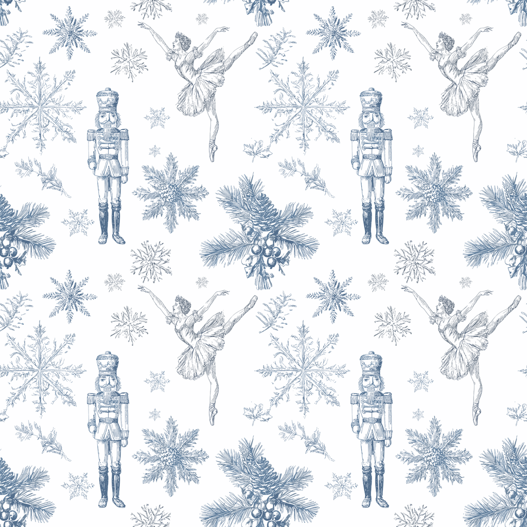 A repeating holiday toile pattern on a white background featuring light blue illustrations of nutcrackers, ballerinas, snowflakes, pine branches, and berries.