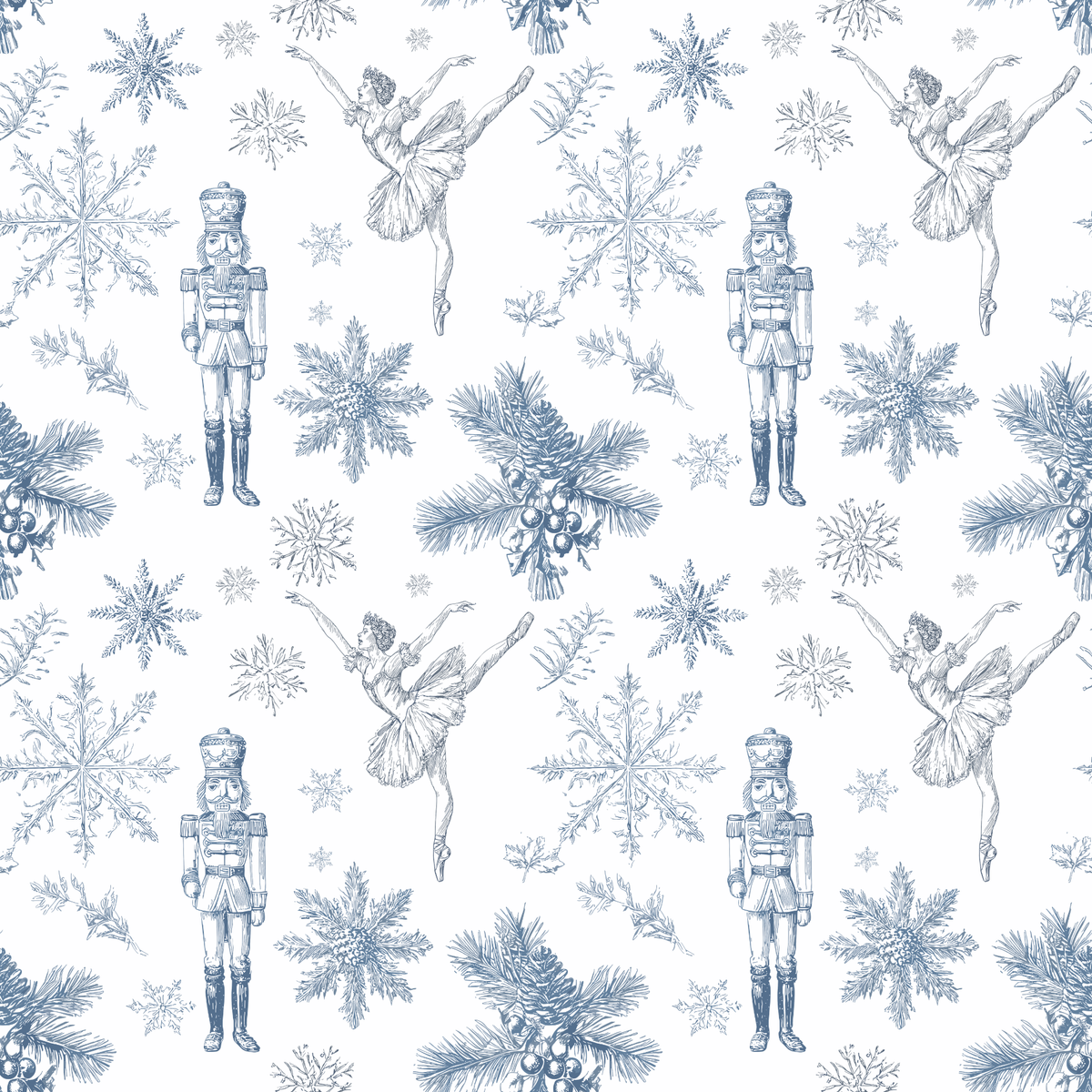A repeating holiday toile pattern on a white background featuring light blue illustrations of nutcrackers, ballerinas, snowflakes, pine branches, and berries.