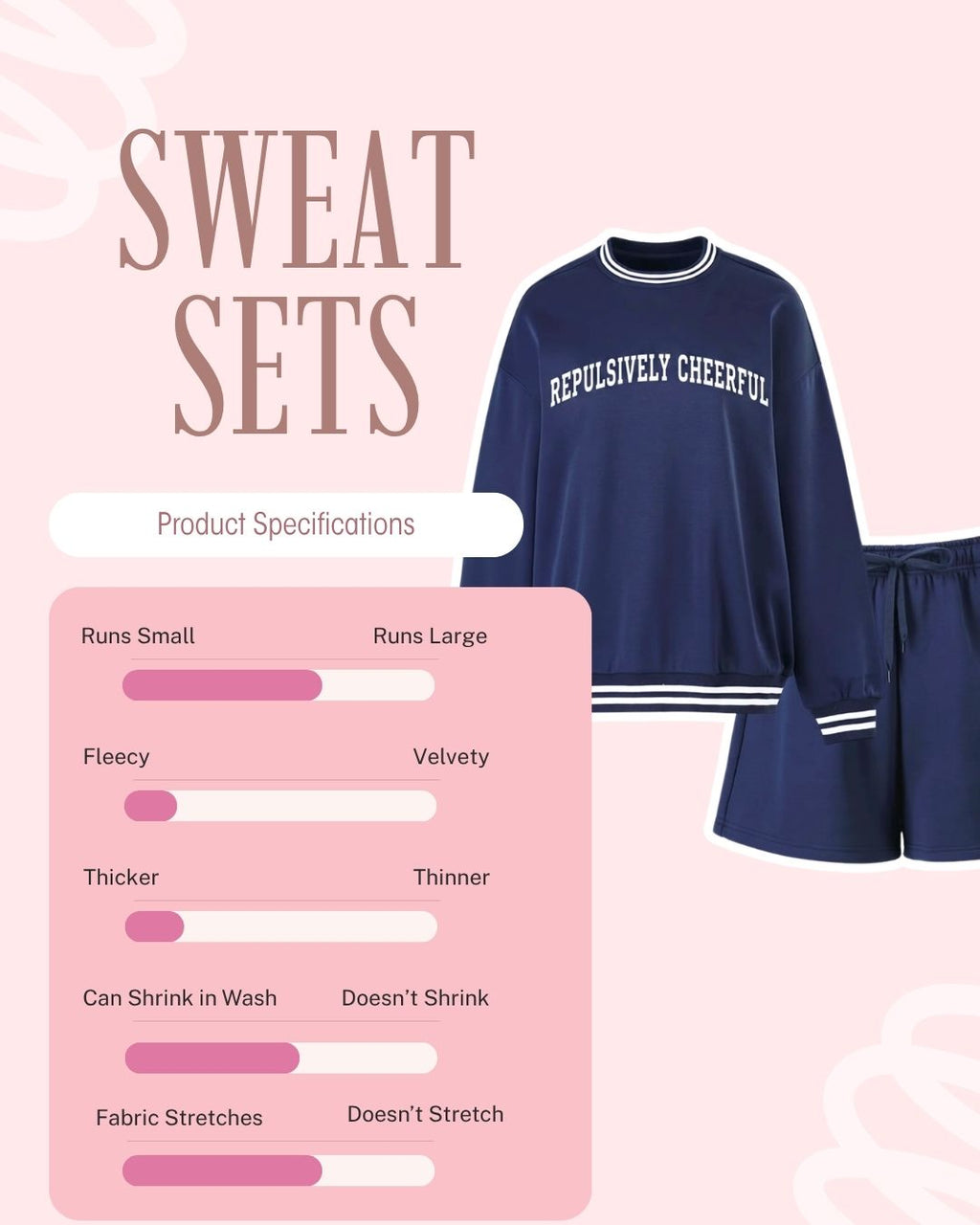 Navy sweat set with text 'REPULSIVELY CHEERFUL' on a pink background with product specifications.