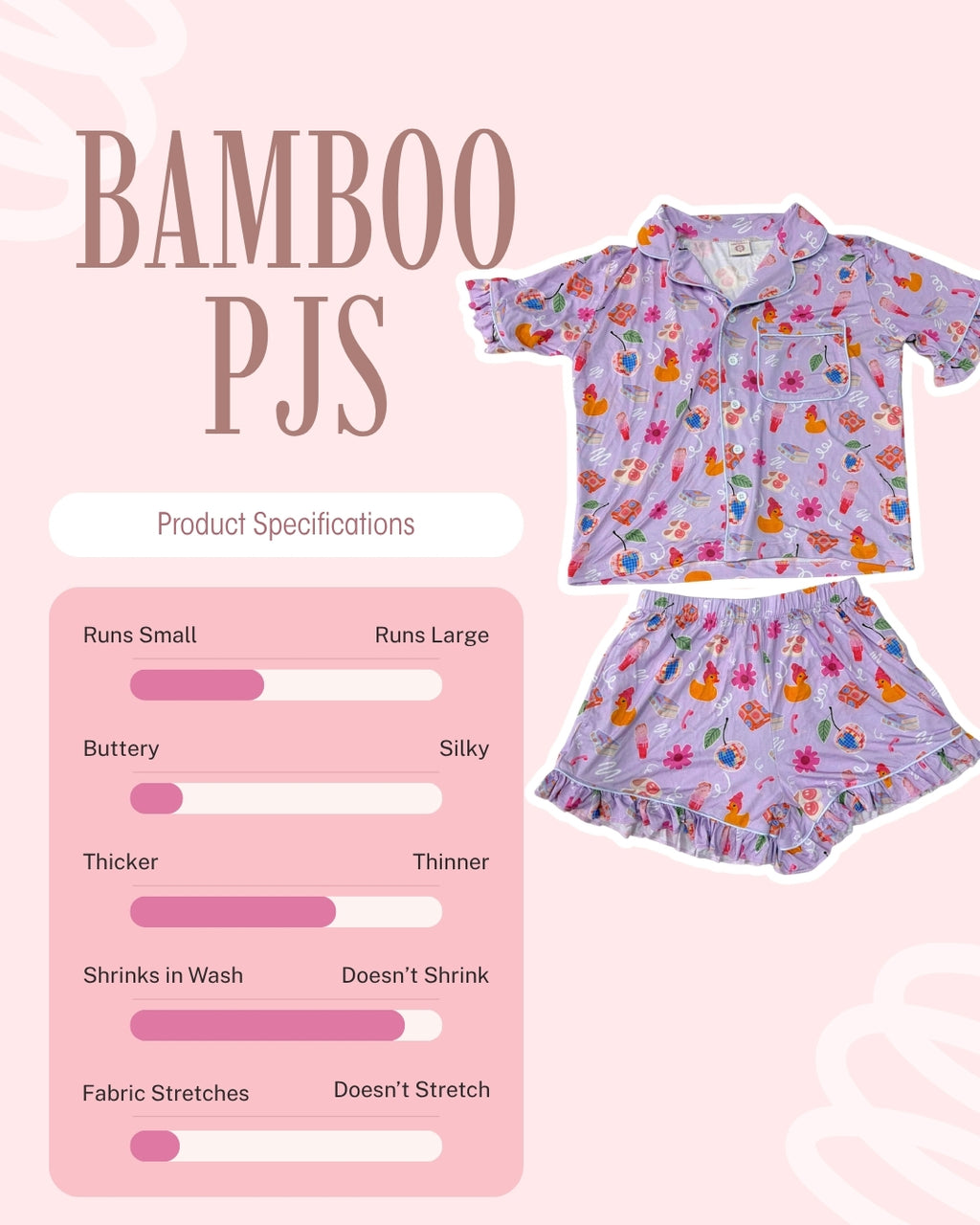 Children's pajama set with product specifications on a pink background
