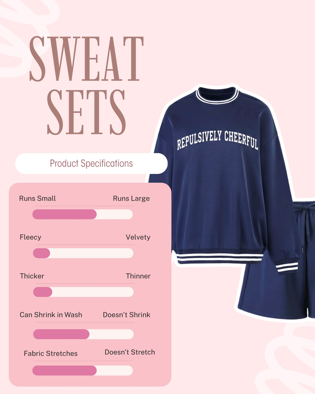 Navy sweatshirt and shorts set with product specifications on a pink background