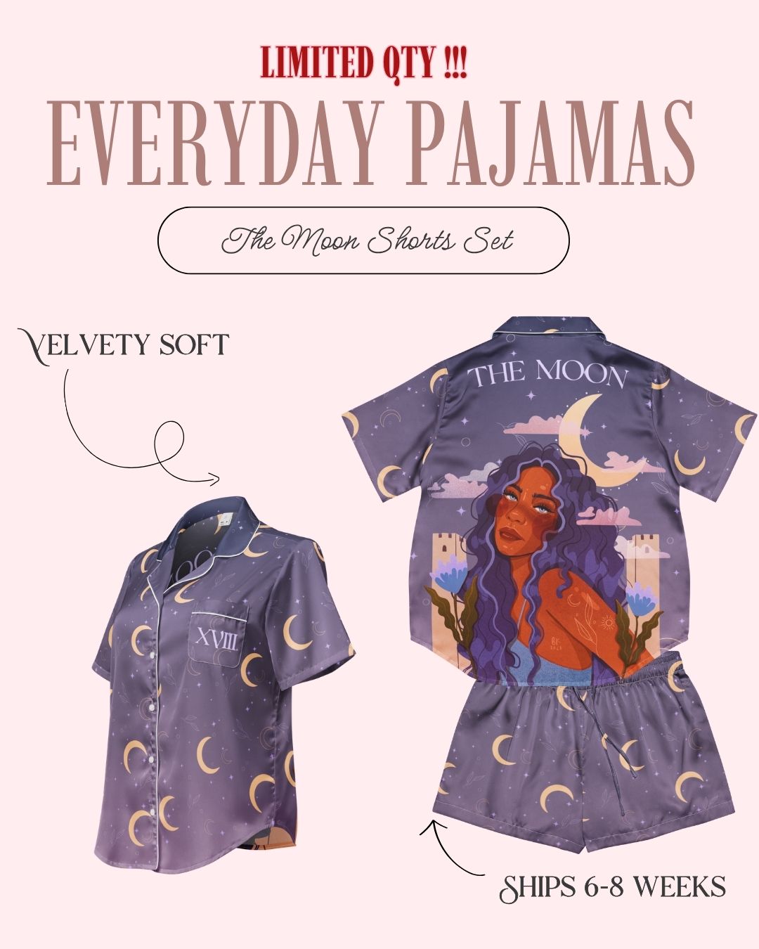 Mock up of the moon pajama pants with information about shipping

