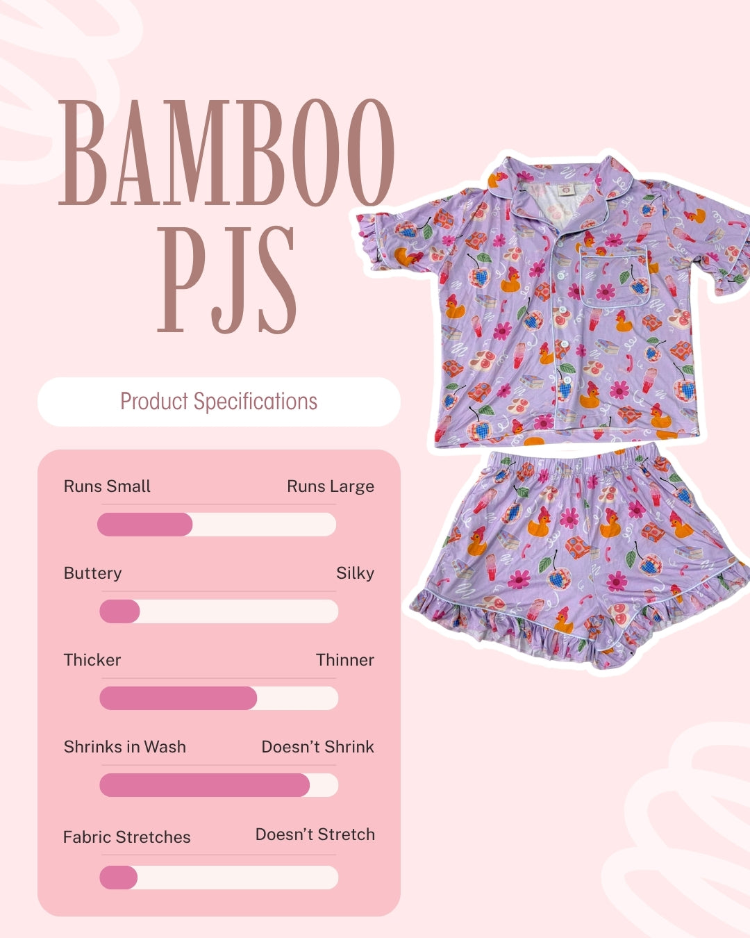 A product specification graphic for bamboo pajamas on a light pink background. The image shows a two-piece pajama set with a lavender base and a colorful cartoon print, alongside a pink specification chart detailing fabric texture and fit characteristics.