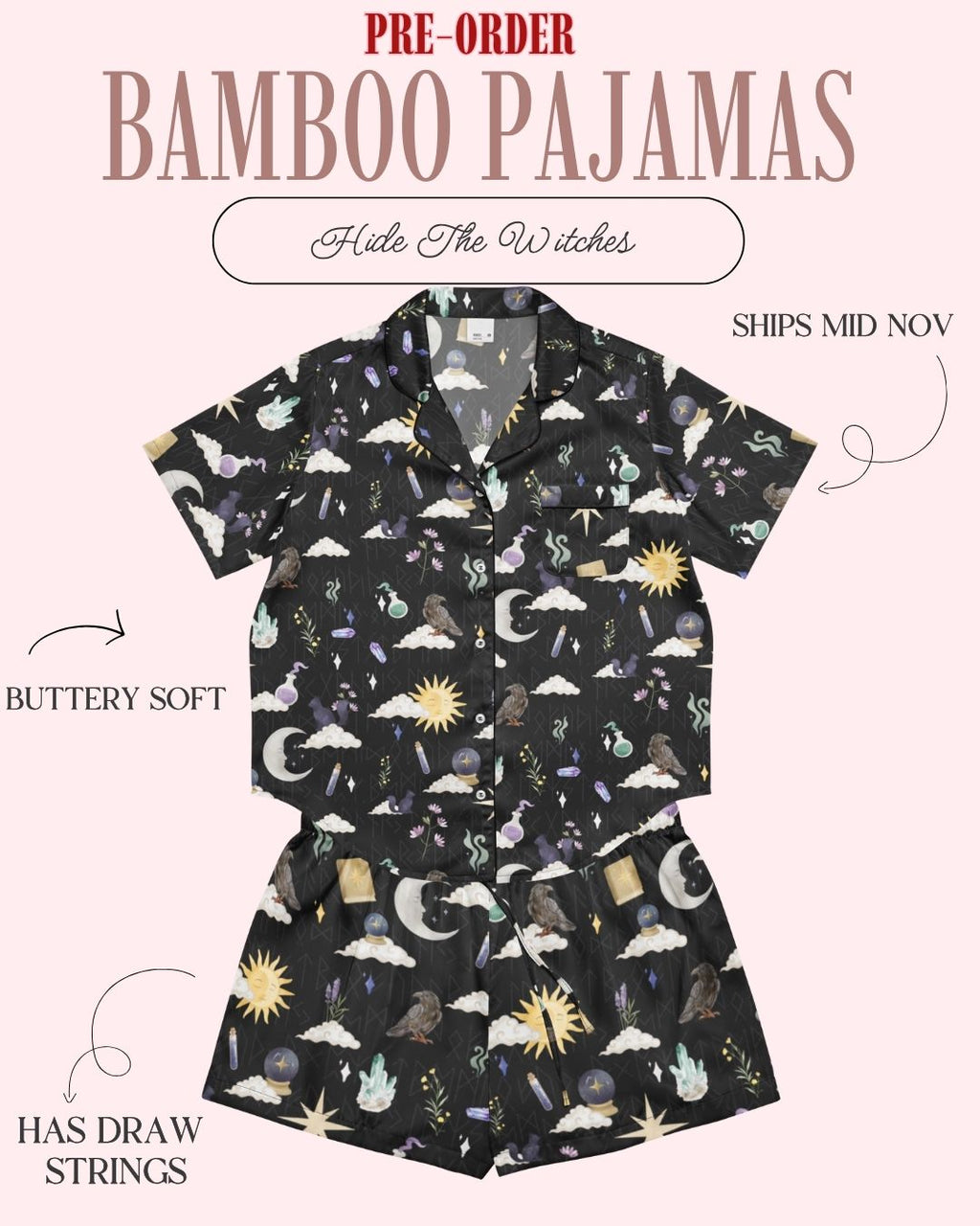 A two-piece pajama set displayed on a pale pink background with promotional text. The pajama set includes a short-sleeve button-up top and matching shorts in black with a whimsical celestial print of moons, stars, clouds, and small illustrated characters.
