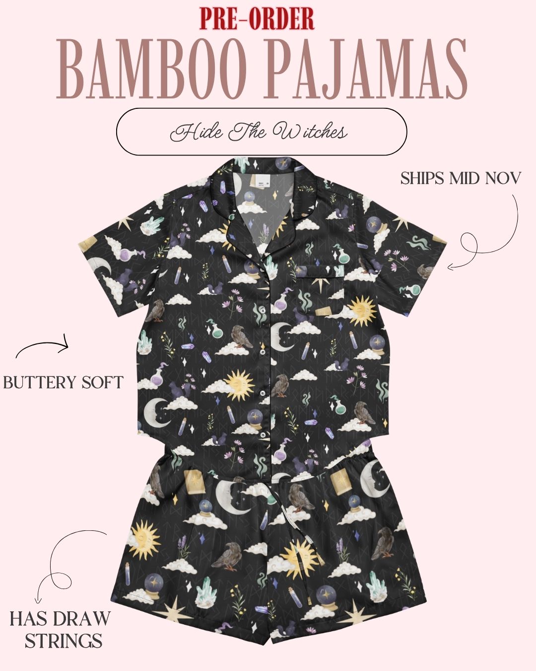 A two-piece pajama set displayed on a pale pink background with promotional text. The pajama set includes a short-sleeve button-up top and matching shorts in black with a whimsical celestial print of moons, stars, clouds, and small illustrated characters.