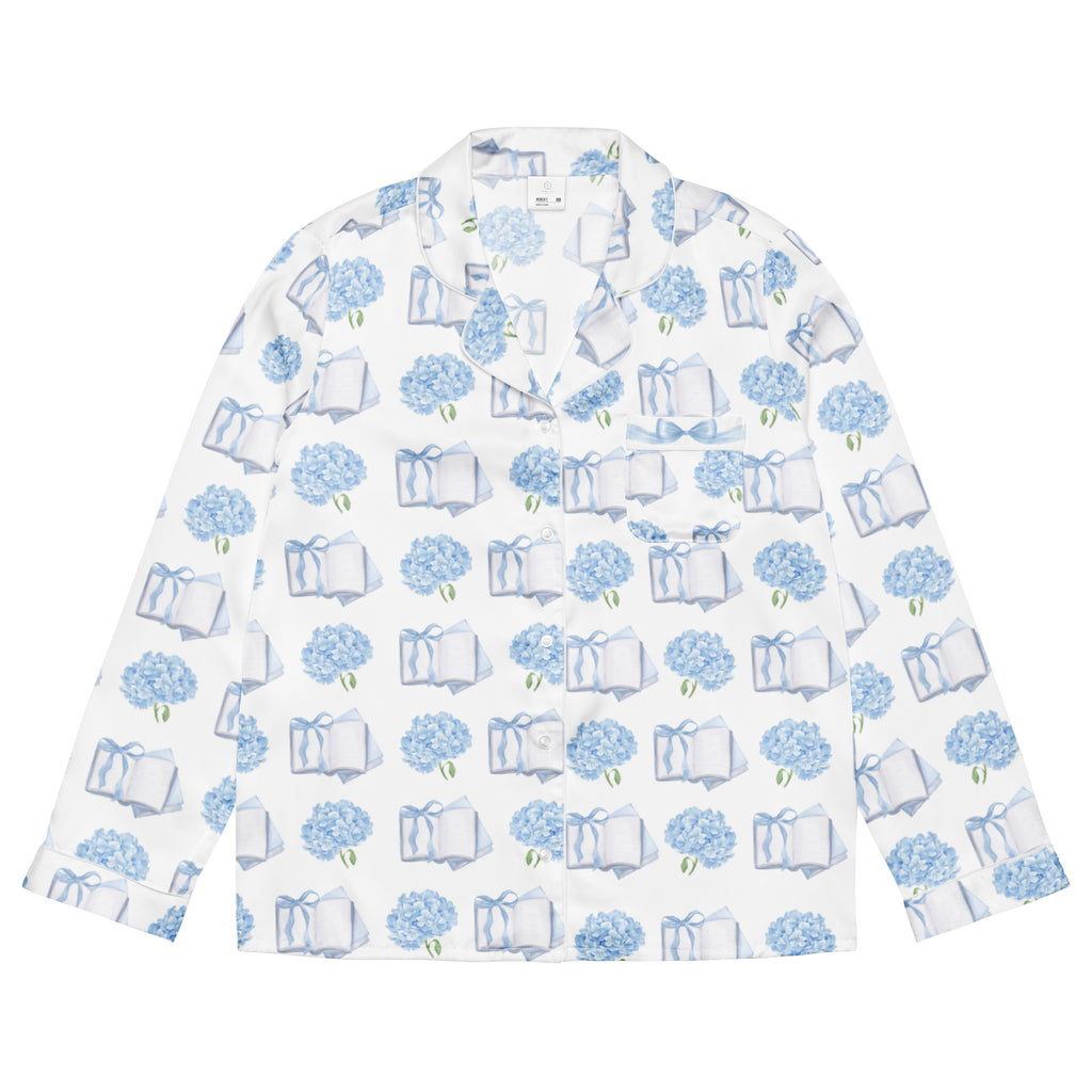 pajamas with hydrangeas and books long sleeve