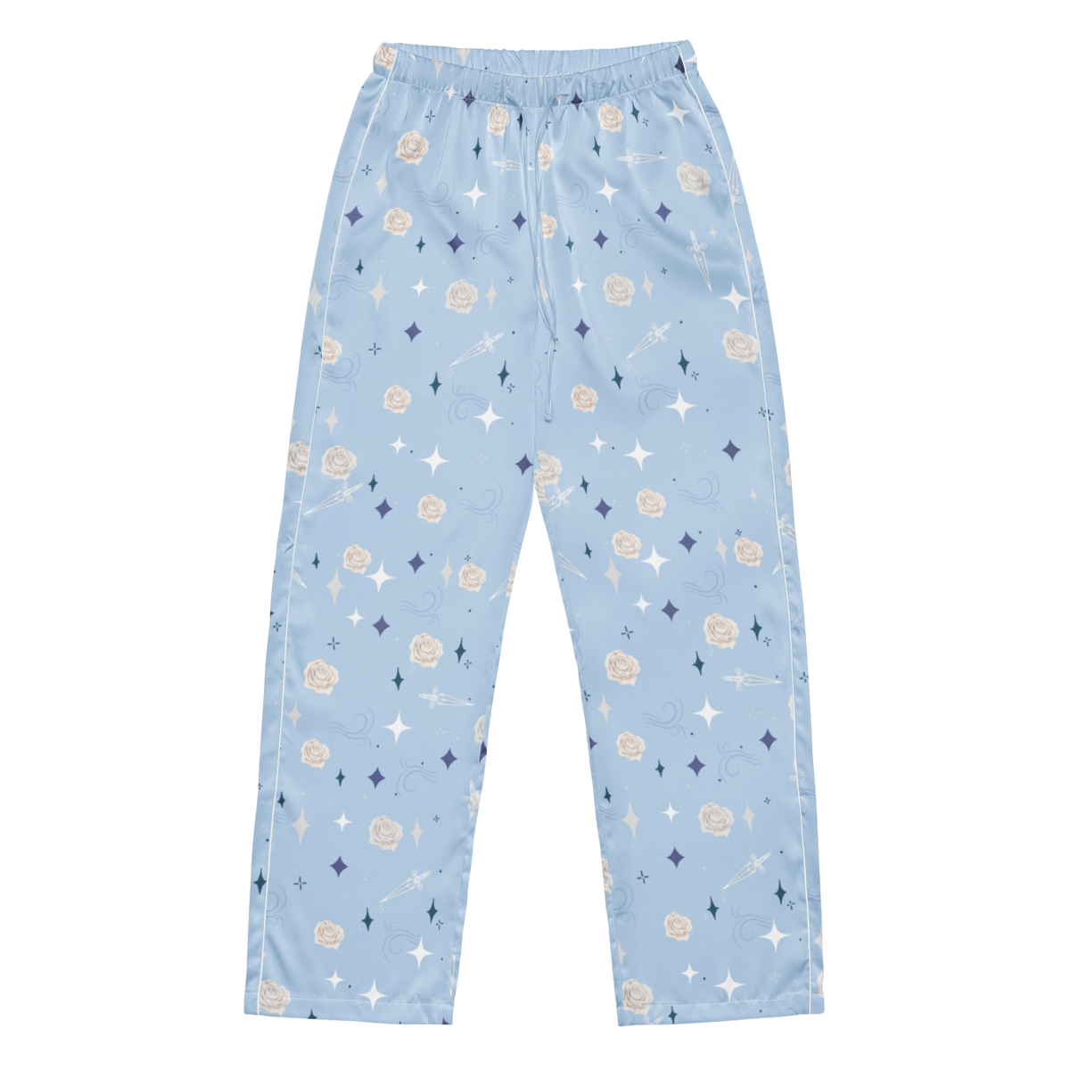 Light blue pajama pants with an all-over whimsical print of fairies, stars, sparkles, and small flowers, shown flat against a solid white background.