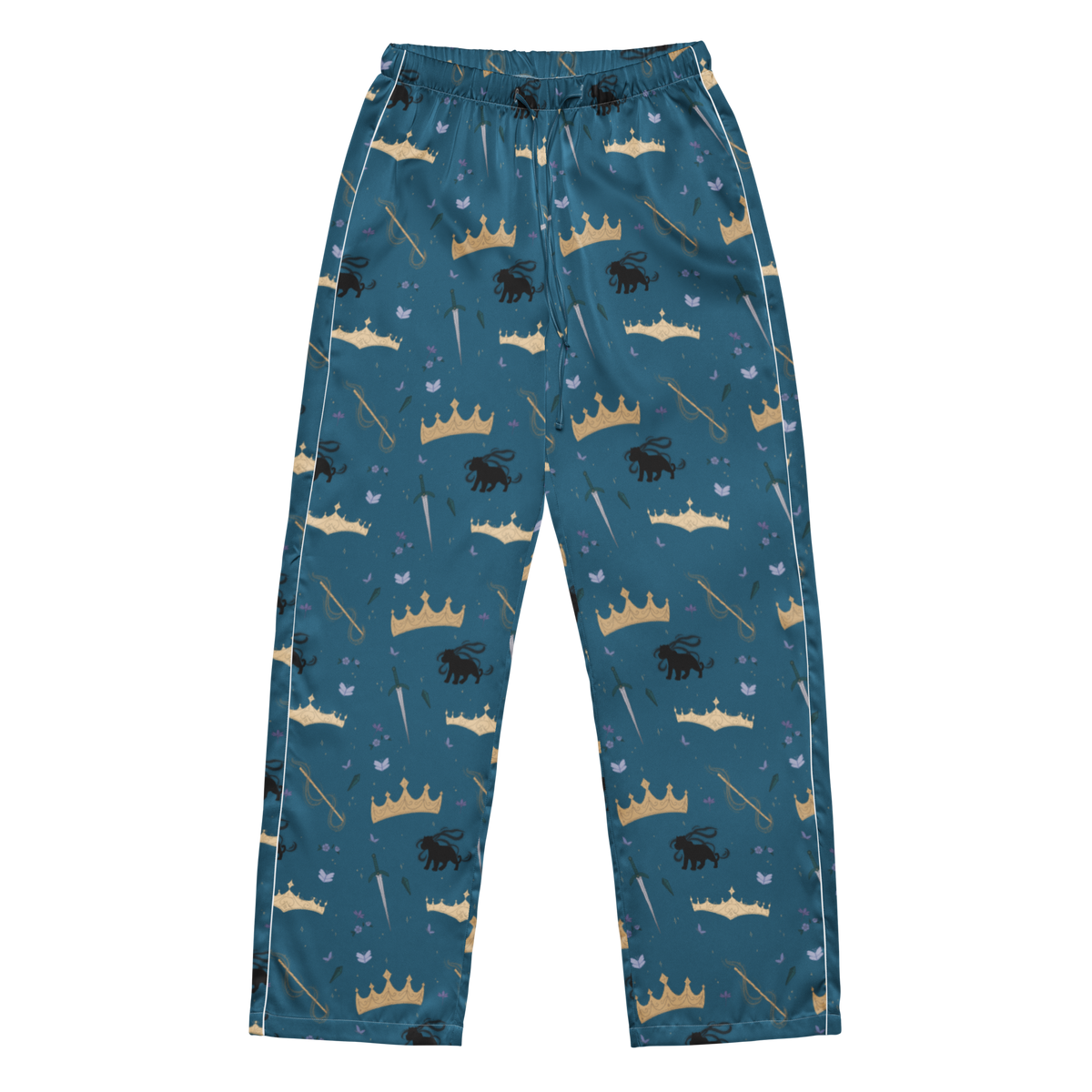 A pair of children's long pants in a teal blue color, featuring an all-over print of gold and beige crowns, black lions, and small blue birds, with white piping along the side seams.