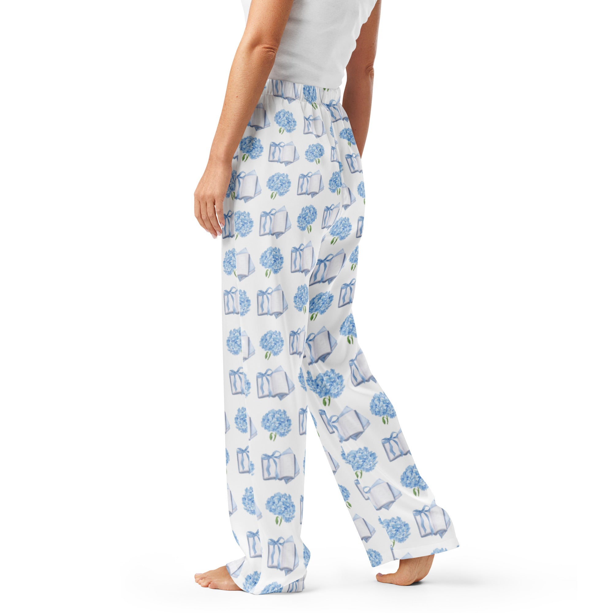 Product mockup of pajamas and hydrangeas 