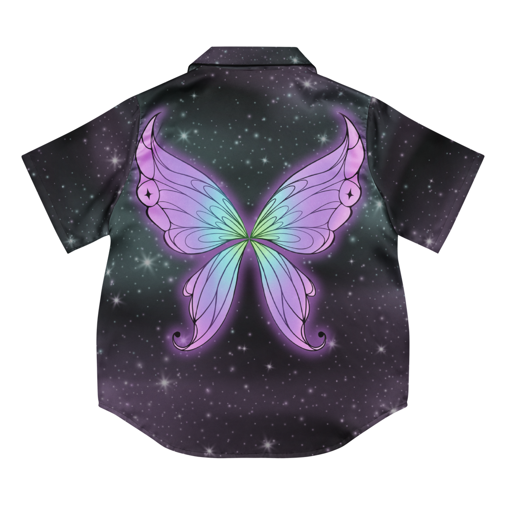 A short-sleeve button-up shirt with a dark galaxy print featuring a large, vibrant purple and green butterfly graphic on the back, set against a plain white background.