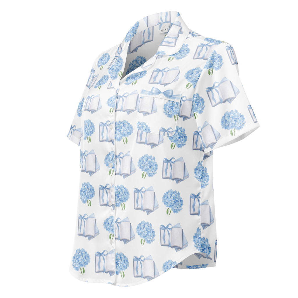 books and hydrangeas pajama top